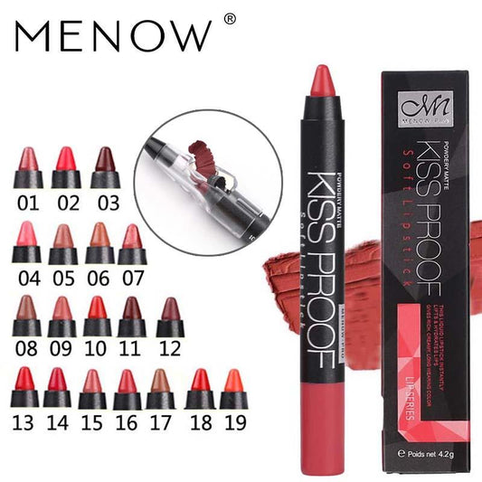 Menow 19 Color KISS PROOF exciting Beauty water resistant
 lipstick case
 Pen lasting

 Do Not Fade lipstick case
 Gift 
 Pencil Sharpener P13016