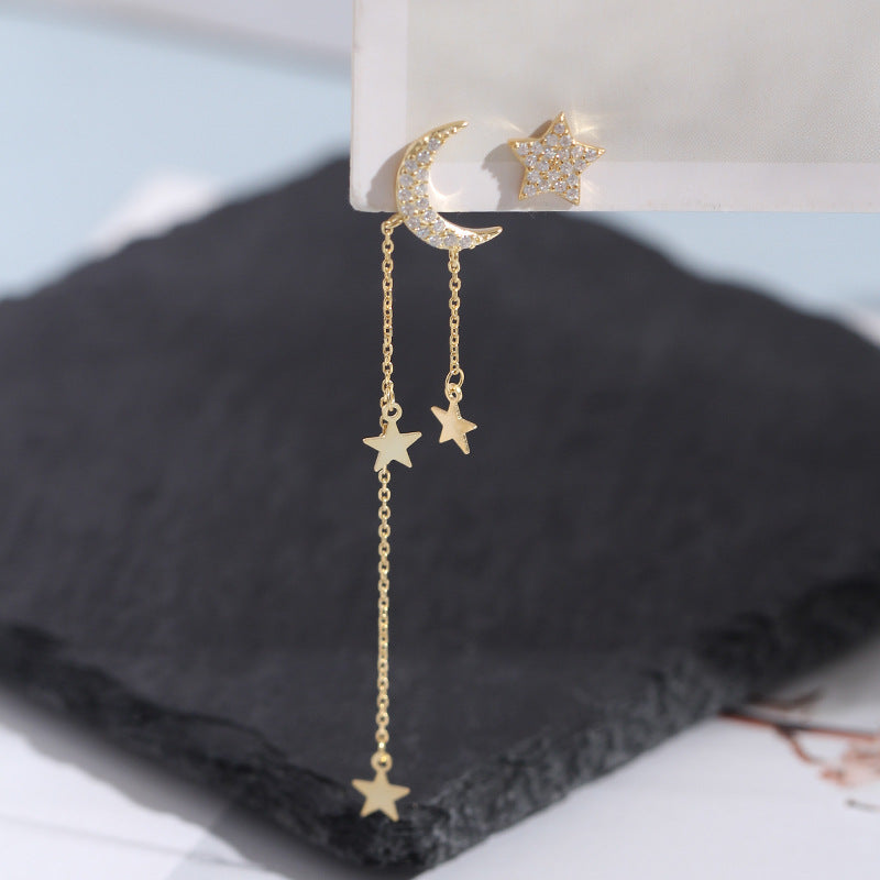 Shi Shang S925 sterling silver earrings asymmetric stars moon five-pointed star earrings personality tassel creative earrings jewelry